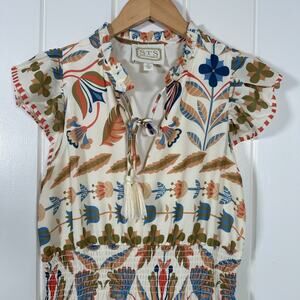 Sail to Stable STS Midi Dress XS Cream Geo Floral Smocked Waist Tiered Lined